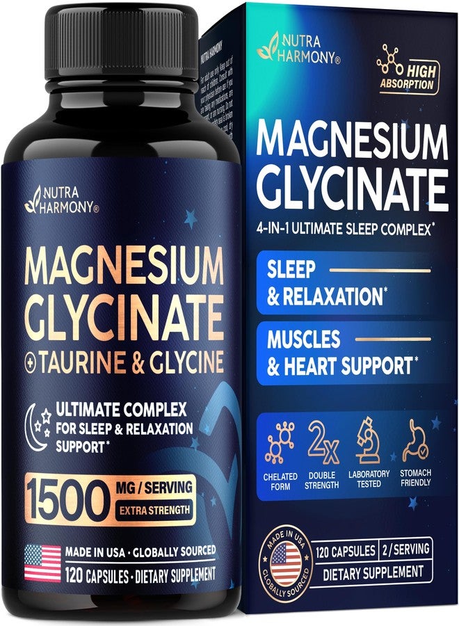 NUTRAHARMONY Magnesium Glycinate - Sleep & Relaxation Support - Extra Strength Glycinate, Glycine & Taurine 1500 mg - Magnesium Supplement for Women & Men - Chelated & High Absorption - Made in USA - 120 Capsules - Image 1