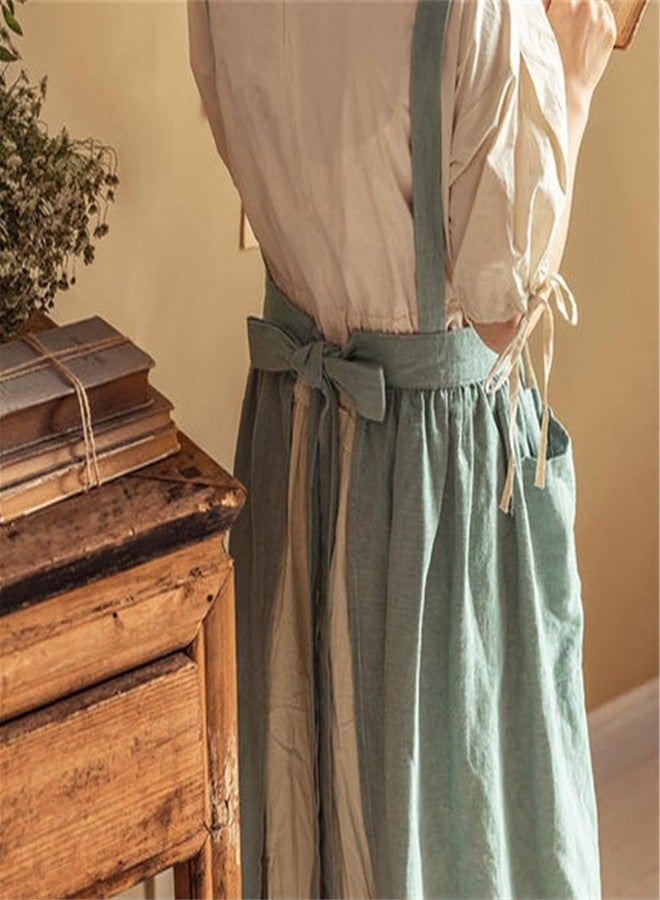 ODIZLI Cute Aprons For Women With Pockets Pinafore Apron Cross Back Aprons For Women Housewife Garden Cooking Baking Pottery Pinafore Apron Art Smock Japanese Apron Sage Green One Size - Image 3