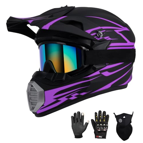 TIANDU Youth Kids Motocross Helmet DOT Approved, Adult ATV Dirt Bike Off-Road Full Face Motorcycle Helmet with Goggles Gloves Mask for Boys Girls,Lightweight Breathable for Riding (Purple, Small) - Image 1