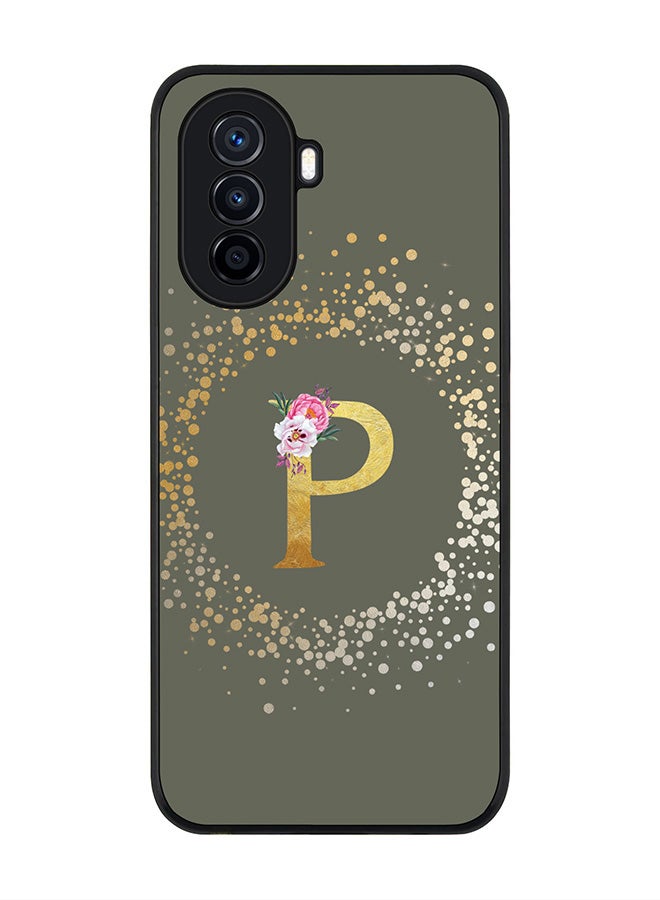Stylizedd Rugged Black Edge case for Huawei nova Y71,Slim fit Flexible Cover - Custom Monogram Initial Letter Floral Pattern Alphabet - P (Olive Green) - Image 1