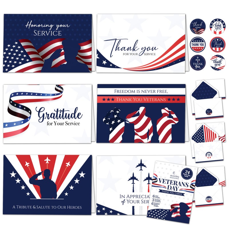 Decorably 24 Pack 6x4in Veteran Thank You Cards with Envelopes and Stickers 6 Patriotic Designs Thank You for Your Service Cards with Printed Message Inside