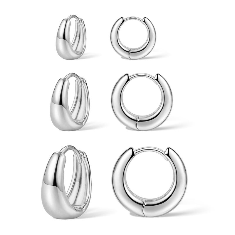 PANSHI  3Pairs Sterling Silver Hoop Earrings Set for Women Trendy Huggie Dainty Earring Jewelry for Women Teens (Silver - 3 Pairs) - Image 2