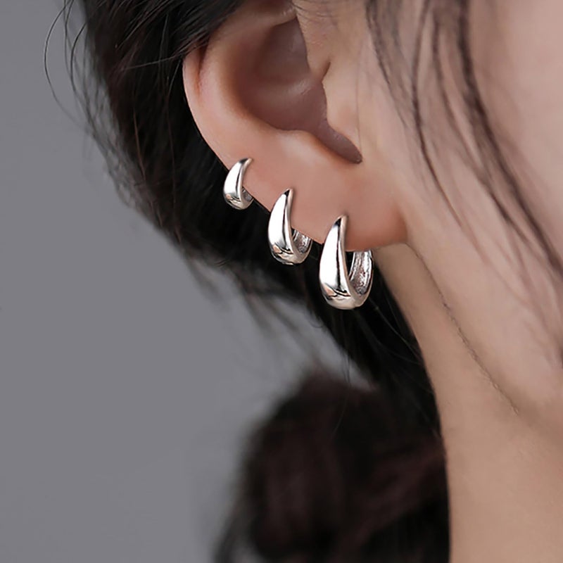 PANSHI  3Pairs Sterling Silver Hoop Earrings Set for Women Trendy Huggie Dainty Earring Jewelry for Women Teens (Silver - 3 Pairs) - Image 3