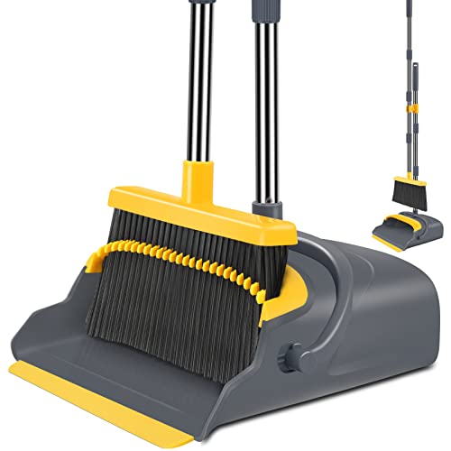 kelamayi Upgrade Broom and Dustpan Set, Broom with Dustpan Combo Set, Self-Cleaning with Dustpan Teeth, Indoor&Outdoor Sweeping, Stand Up Broom and Dustpan (Gray&Yellow) - Image 1