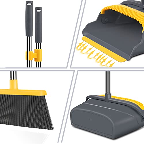 kelamayi Upgrade Broom and Dustpan Set, Broom with Dustpan Combo Set, Self-Cleaning with Dustpan Teeth, Indoor&Outdoor Sweeping, Stand Up Broom and Dustpan (Gray&Yellow) - Image 3