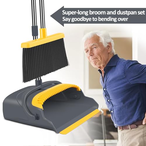 kelamayi Upgrade Broom and Dustpan Set, Broom with Dustpan Combo Set, Self-Cleaning with Dustpan Teeth, Indoor&Outdoor Sweeping, Stand Up Broom and Dustpan (Gray&Yellow) - Image 4