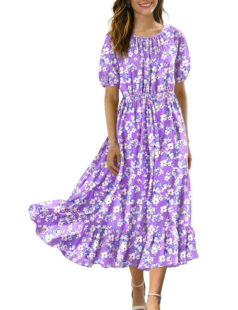 YESNO Women's Summer Floral Maxi Dresses Boho Puff Sleeve Casual Drawstring Ruffle Tiered Hem Beach Dress with Pockets ECS 2XL ECS CR345 - Image 1