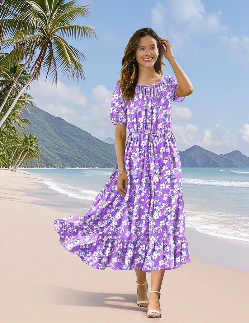 YESNO Women's Summer Floral Maxi Dresses Boho Puff Sleeve Casual Drawstring Ruffle Tiered Hem Beach Dress with Pockets ECS 2XL ECS CR345 - Image 2