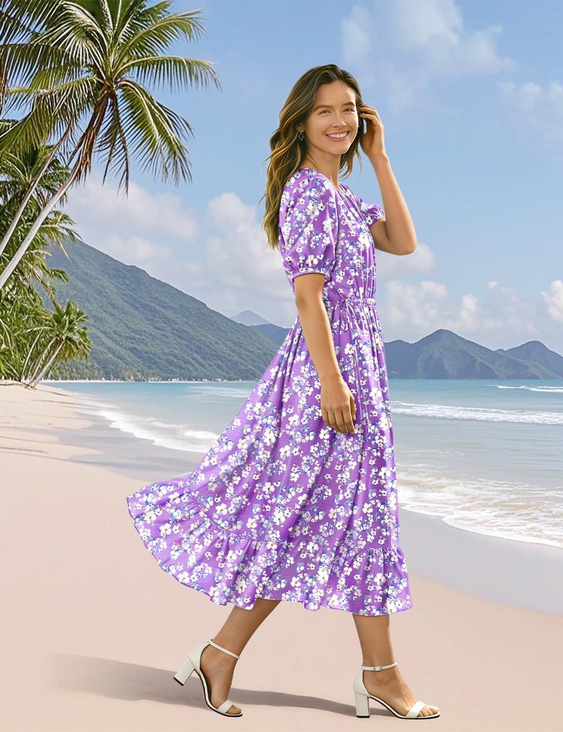 YESNO Women's Summer Floral Maxi Dresses Boho Puff Sleeve Casual Drawstring Ruffle Tiered Hem Beach Dress with Pockets ECS 2XL ECS CR345 - Image 4
