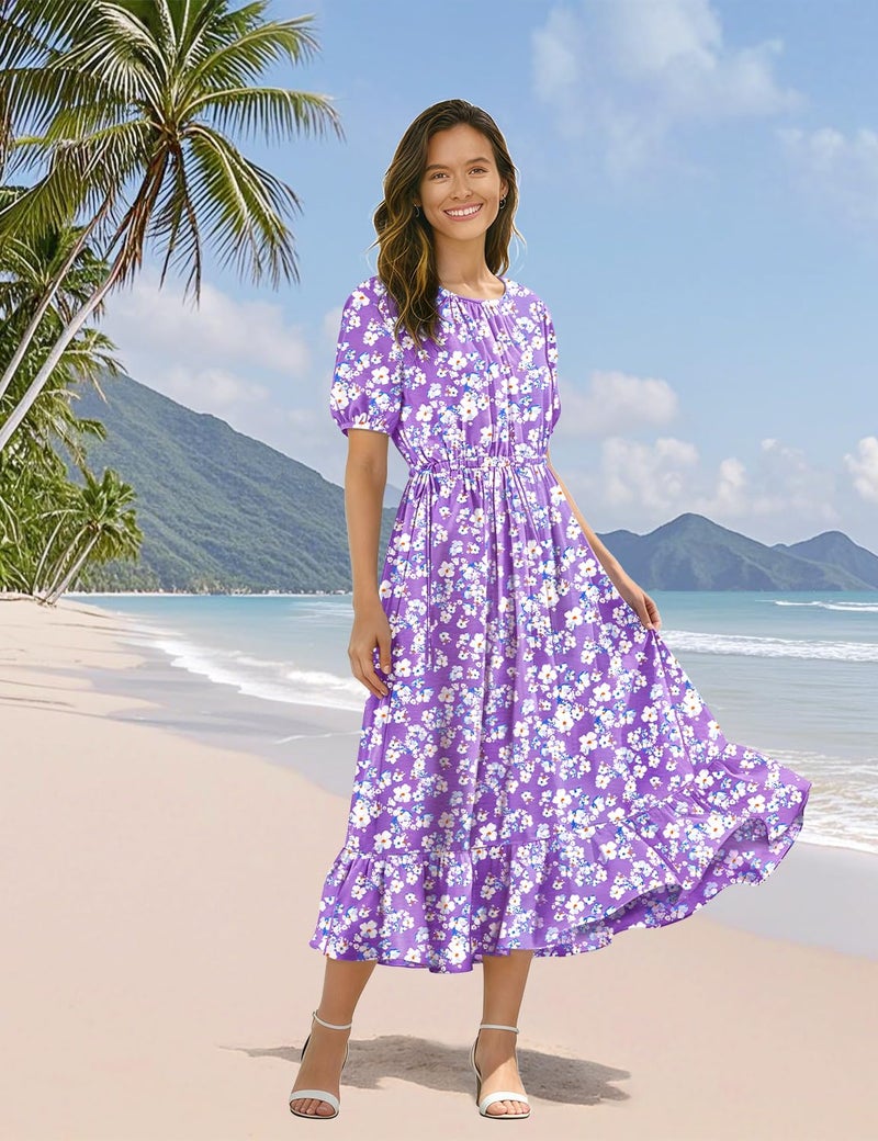YESNO Women's Summer Floral Maxi Dresses Boho Puff Sleeve Casual Drawstring Ruffle Tiered Hem Beach Dress with Pockets ECS 2XL ECS CR345 - Image 3