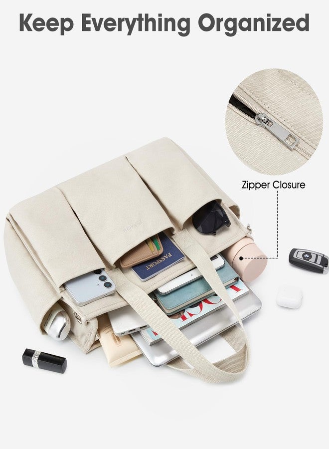 جي4فري حقيبة قماشية من G4Free مزودة بجيوب، حقيبة عمل متوسطة الحجم بسحاب للنساء (بيج) - Image 3