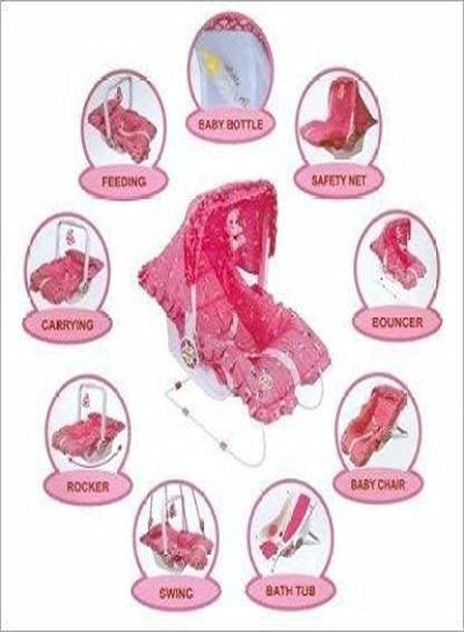 Maanit Multipurpose (10 in 1) Pink Baby Carry cot with Mosquito net and Sun Shade Rocker and Bouncer (Pink) - Image 3