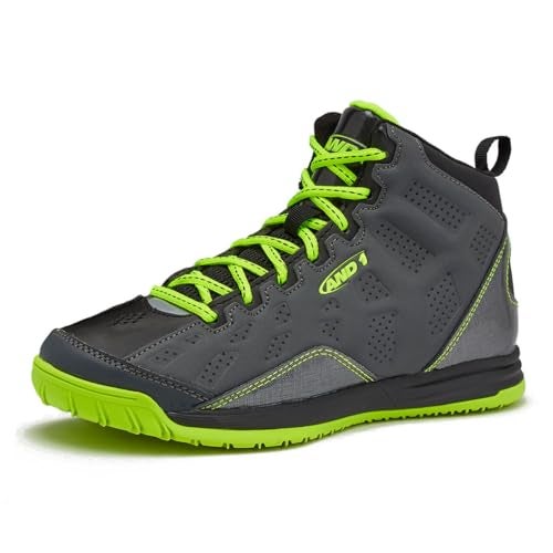 AND1 Showout Girls & Boys Basketball Shoes Kids, Boys High Top Sneakers- Dark Grey/Black/Light Green, 5 Big Kid - Image 1