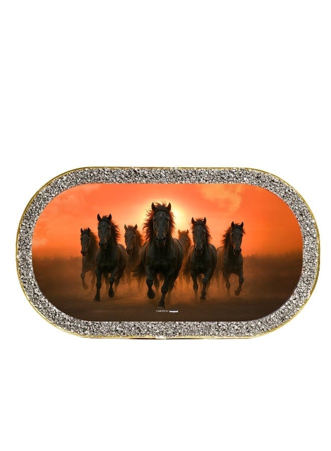 Studd Muffyn | 7 Black Horses Pyrite Plate [Capsule Frame] Vastu Frame | Pyrite Plate | Pyrite Crystal Embedded | Handcrafted | Decorative Showpiece for Home, Office & Workspace - Image 1