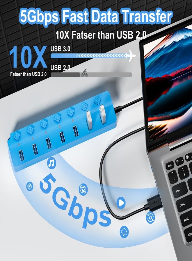 ONFINIO USB Hub 3.0, 7-Port USB Hub Splitter with Individual On/Off Switches and Lights, 3.2ft/1m Long Cable Compatible with MacBook, Laptop, Surface Pro, PS4, PC, Flash Drive, Mobile HDD-Blue - Image 2