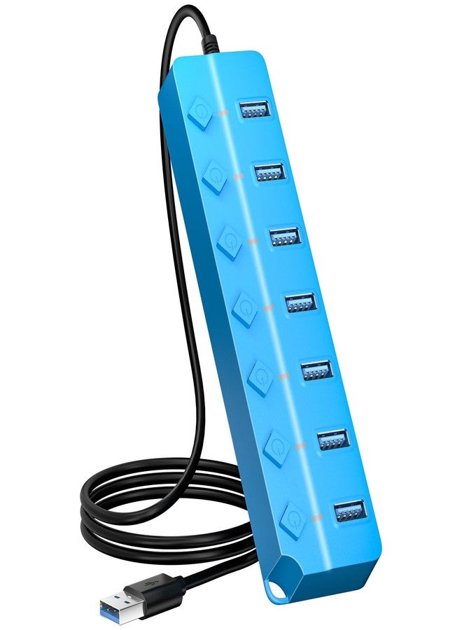 ONFINIO USB Hub 3.0, 7-Port USB Hub Splitter with Individual On/Off Switches and Lights, 3.2ft/1m Long Cable Compatible with MacBook, Laptop, Surface Pro, PS4, PC, Flash Drive, Mobile HDD-Blue - Image 1