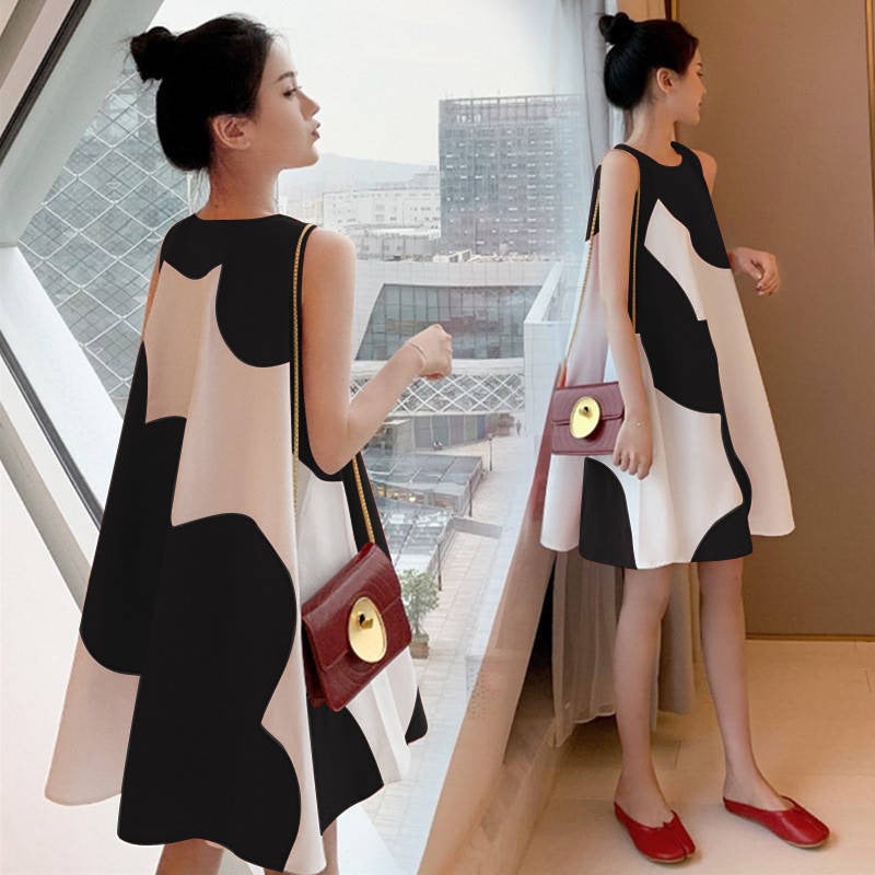 Maternity clothes dress Korean style plus size womens clothing dress summer loose chubby girl sleeveless mid-length dress women Black  - Image 1