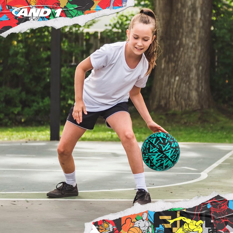 AND1 Fantom Graffiti 28.5 Rubber Basketball - Intermediate Streetball for Indoor/Outdoor Play, Size 6 Includes Pump - Image 4