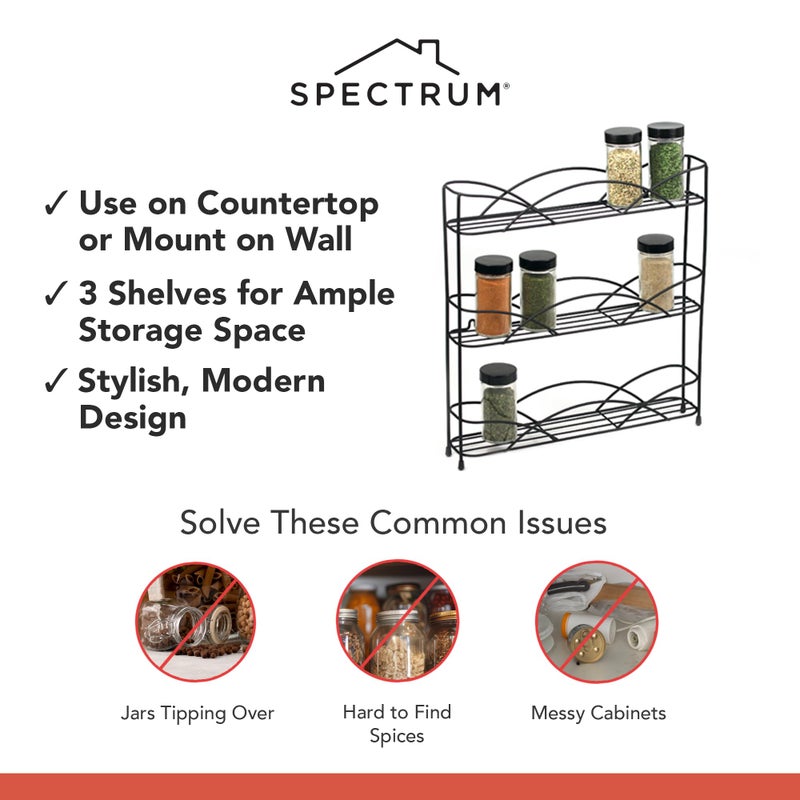 Spectrum Diversified رف توابل سبيكتروم المتنوع 3 طبقات لتنظيم الرفوف لمطبخك، خزانة المؤن، الحمام، أو الخزانة مع إمكانية التثبيت على الحائط، أسود - Image 3