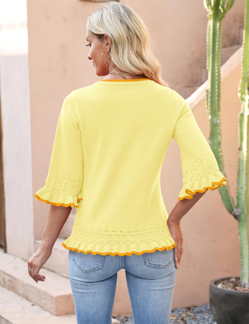 LOMON Women's Sweaters 3/4 Sleeve Womens Tops V Neck Sweater Spring Summer Knit Pullover Fashion Outfits Light Yellow Edged L - Image 4