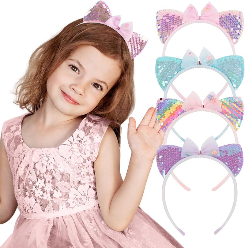 WOVOWOVO أطواق رأس قطة لامعة من ووفو ووفو 4 عبوات للنساء والمراهقات، آذان قطة لامعة مزينة بالخرز، إكسسوارات شعر مزينة بزهور صغيرة، ملابس عيد الميلاد وحفلات الهالوين، زينة رأس، قطعة رأس