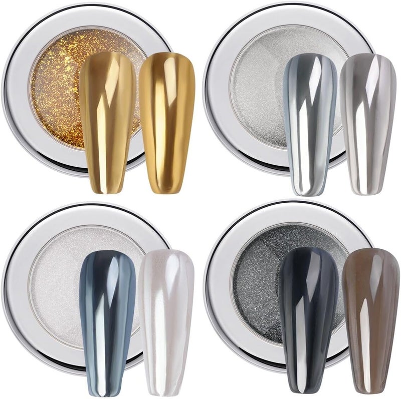 PrettyDiva Chrome Nail Powder Set- 4 Jars Chrome Powder Nail Art Mirror Effect Metallic Nail Chrome Powder, Gold Silver Black and White Pearl Chrome Powder Pigment for Nails