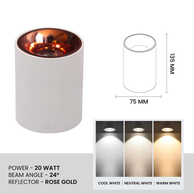 Harold Electricals Harold Electricals 20 Watt White Body Antiglare LED Round Cylinderical Surface COB Spotlight Ceiling Downlight for Home Office Indoor Outdoor Rose Gold Reflector Cool White Pack of 1 - Image 3