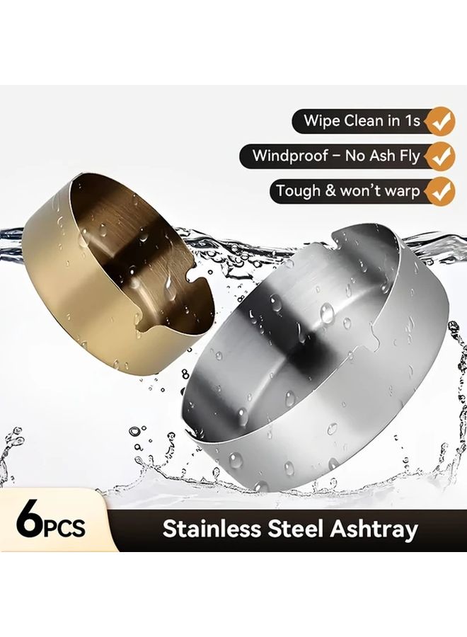 6 Pcs Golden Stainless Steel Ashtrays Windproof Shatterproof Easy Clean Portable - Image 1