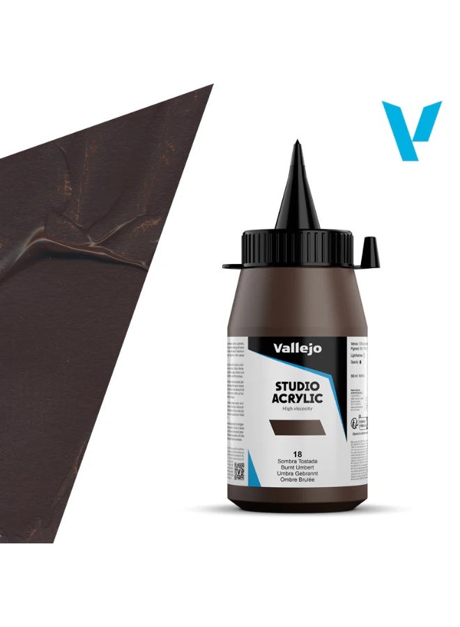 Vallejo Acrylic Studio 18 Burnt Umber 500ml – High-Quality Acrylic Paint for Art, Miniatures & Models