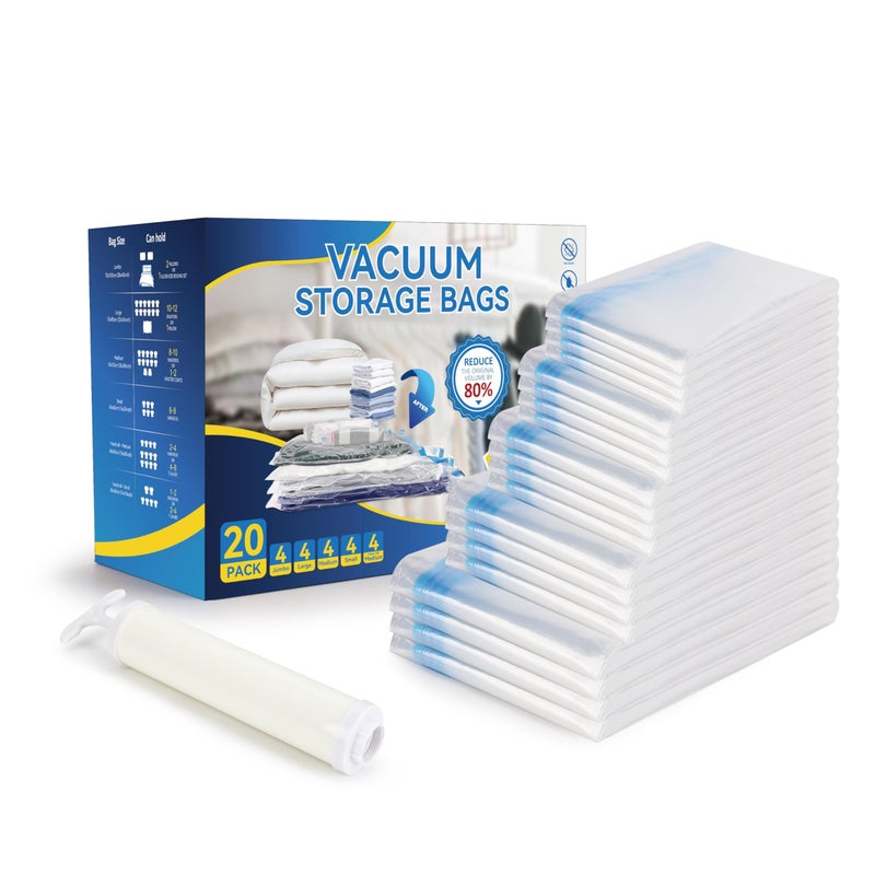 Simple Deluxe 20 Pack Vacuum Storage Bags  Space Saver Bags with Hand Pump  Vacuum Seal Bags for Clothing  Comforters  Blankets  Bedding  Pillows (4 Jumbo/4 Large/4 Medium/4 Small/4 Roll M) - Image 1