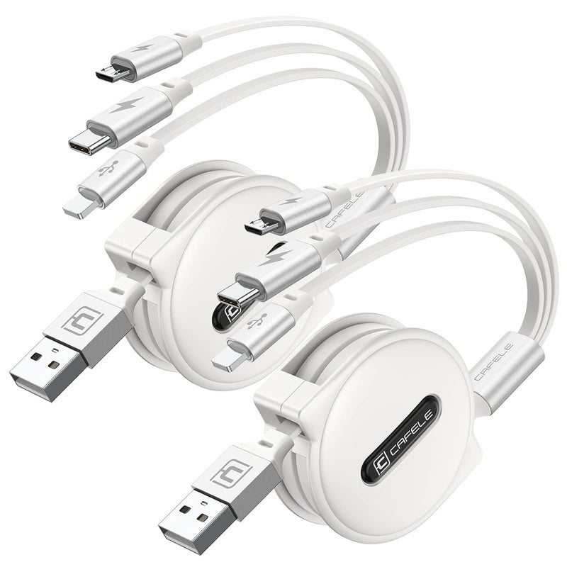 CAFELE Multi Charging Cable 3A, [2Pack 4ft] Retractable USB Charging Cable with Type C/L/Micro USB Ports, 3 in 1 Multi Fast Charger Cord for Multiple Devices, Phone 16 15 14/Galaxy/Pads/Tablets-White - Image 1