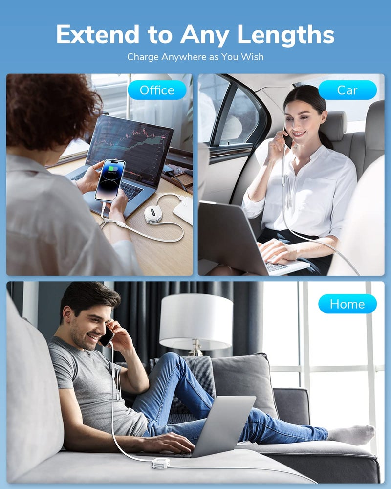 CAFELE Multi Charging Cable 3A, [2Pack 4ft] Retractable USB Charging Cable with Type C/L/Micro USB Ports, 3 in 1 Multi Fast Charger Cord for Multiple Devices, Phone 16 15 14/Galaxy/Pads/Tablets-White - Image 5