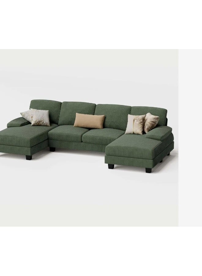 Double Chaise Sectional Sofa in Green Corduroy - Image 4