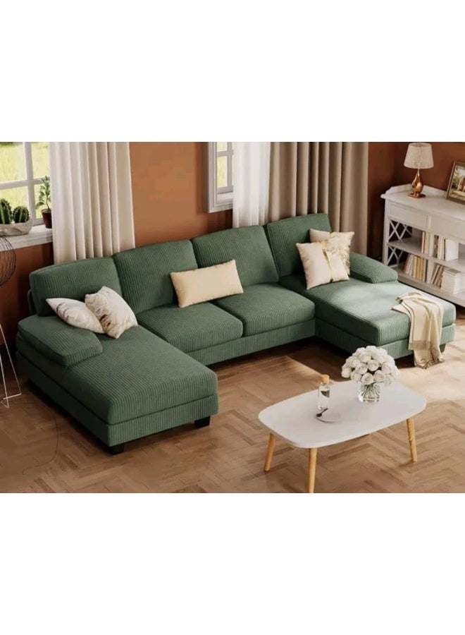 Double Chaise Sectional Sofa in Green Corduroy - Image 1