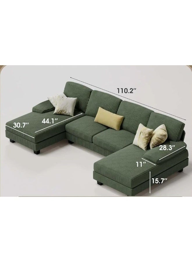 Double Chaise Sectional Sofa in Green Corduroy - Image 2