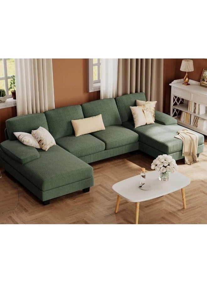 Double Chaise Sectional Sofa in Green Corduroy - Image 3