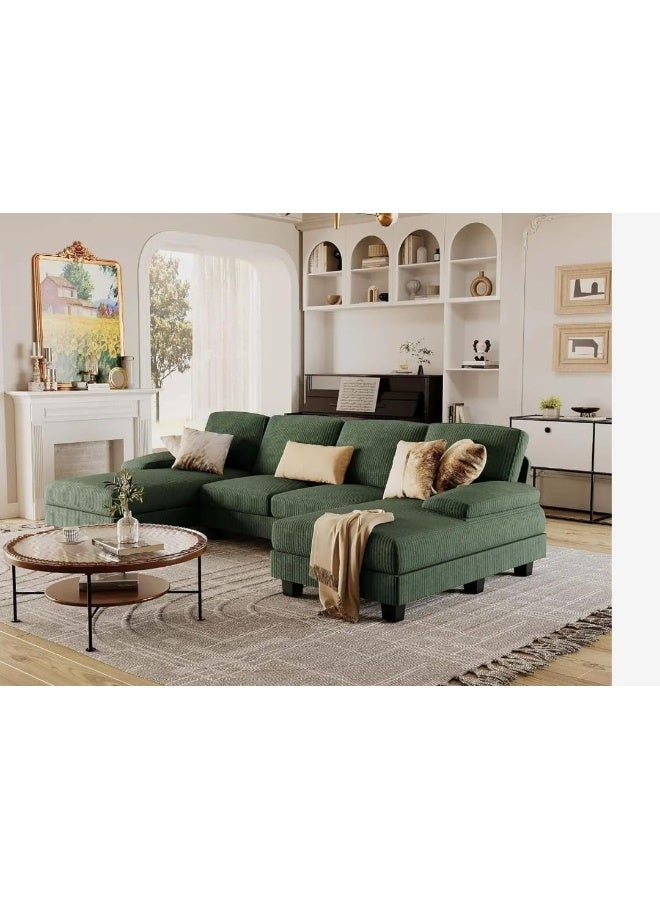 Double Chaise Sectional Sofa in Green Corduroy - Image 5