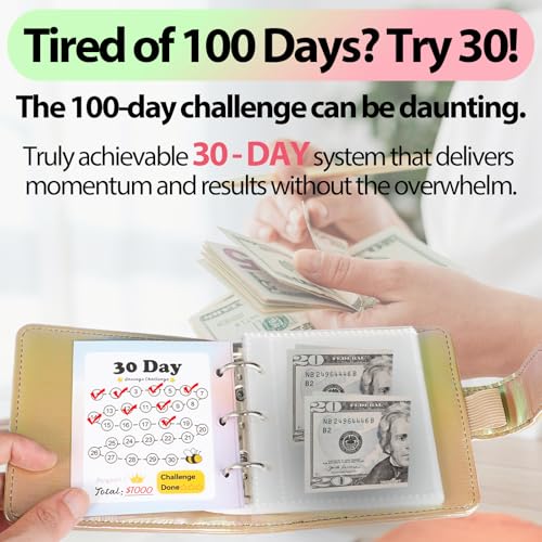 PYBBO Mini Money Challenge Binder - Mother's Day Gift Save $465 / $1000 in 1 Month with 30 Cash Envelopes & Budget Tracker, PU Leather Beginner Budgeting Kit Portable Cash Saving Book - Image 2