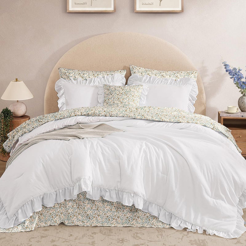 BLOOMHAVEN Queen Comforter Set - 7 Pieces Ruffle White Bedding Sets, Shabby Chic Farmhouse Bed in a Bag Queen with Ruffle Comforter, Floral Sheets, Pillowcases & Shams - Image 1