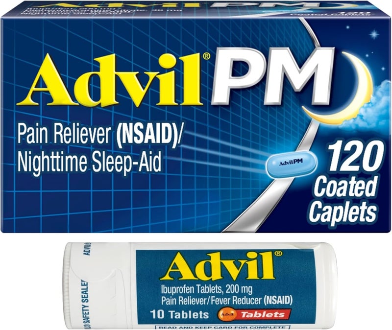 Advil PM Pain Reliever and Nighttime Sleep Aid, Ibuprofen for Pain Relief and Diphenhydramine Citrate for a Sleep Aid - 120 Coated Caplets and Pain Reliever and Fever Reducer, 10 Count Tablets