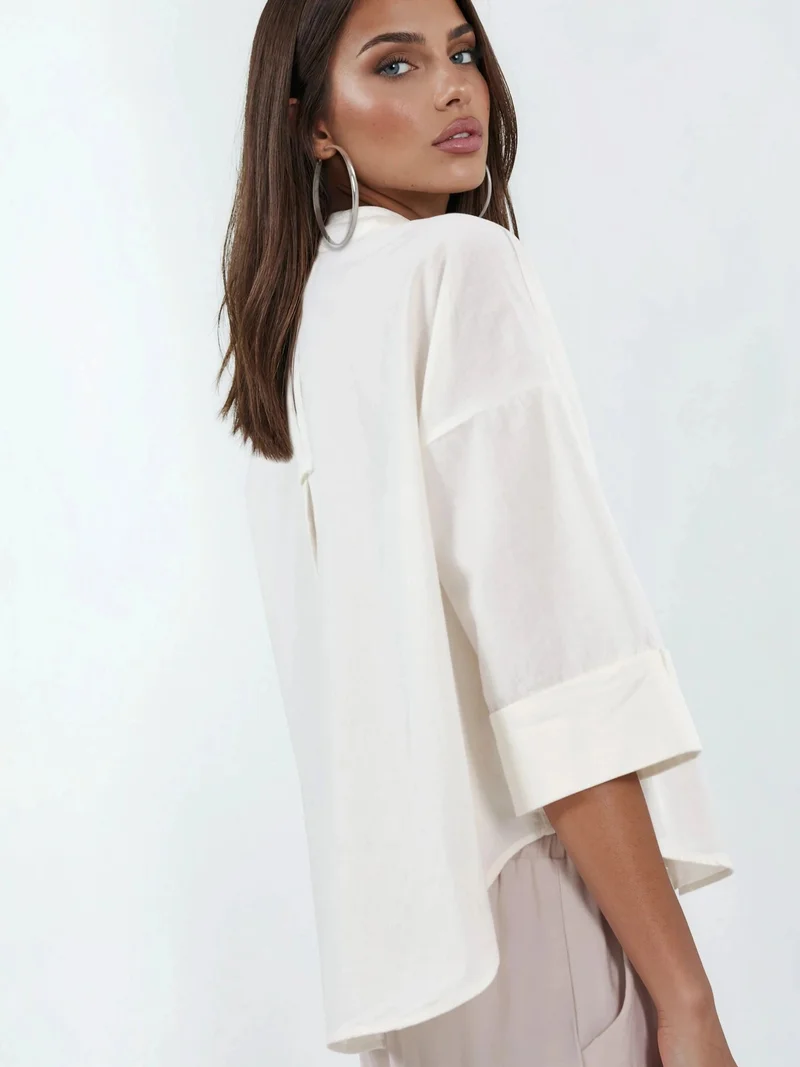 كيوستايل QU STYLE Oversized Linen Blend Button-Up Shirt