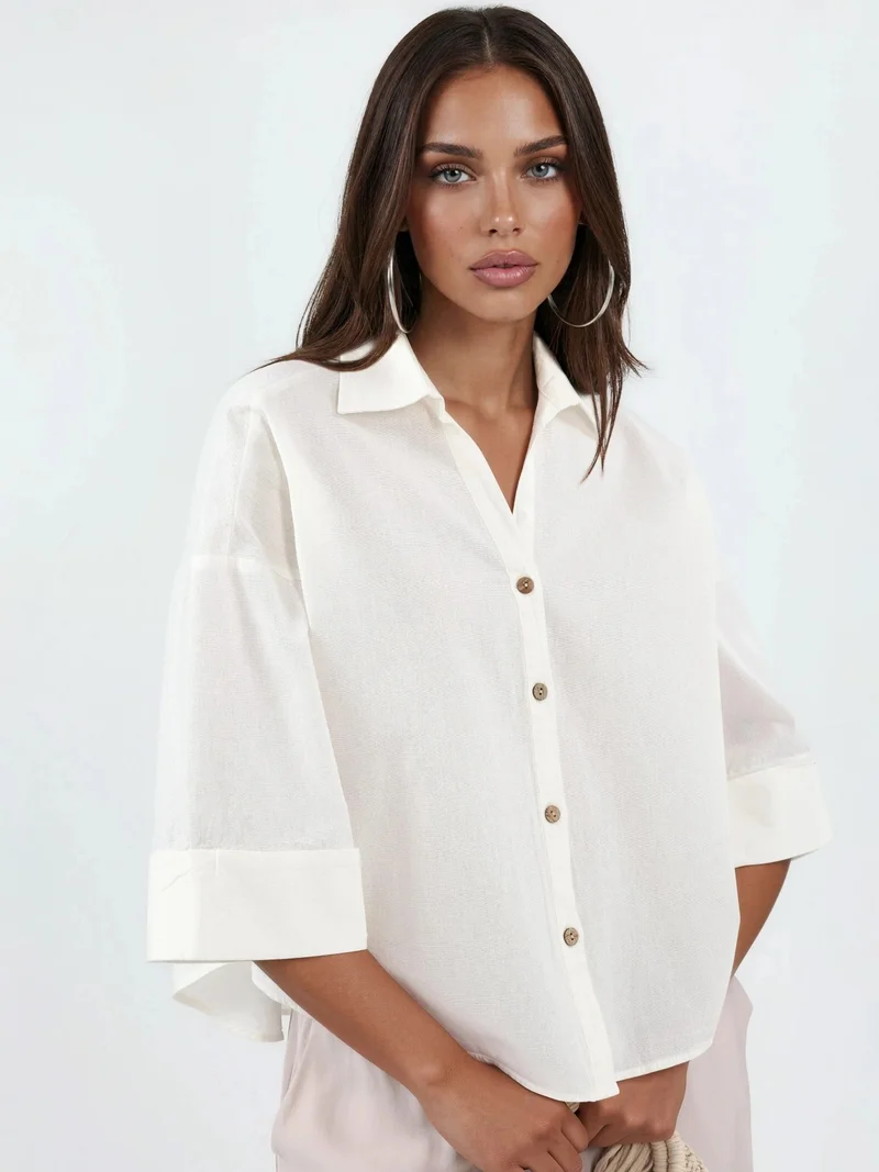 كيوستايل QU STYLE Oversized Linen Blend Button-Up Shirt