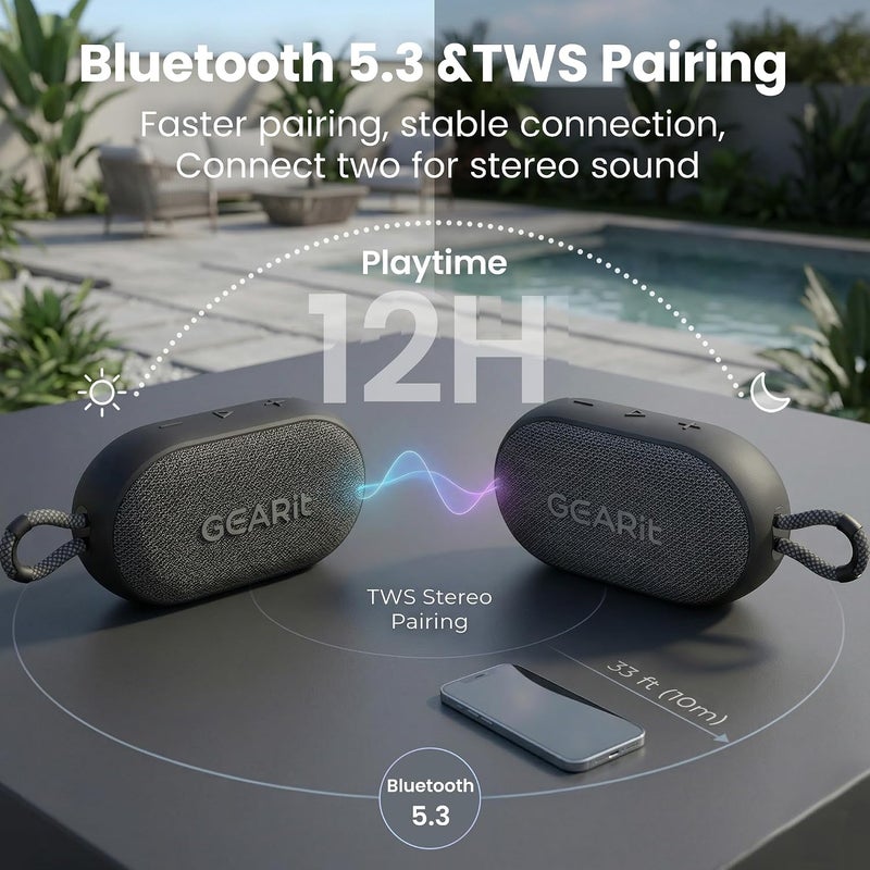 GearIT SoundPuck Bluetooth Speaker, 6W Pocket-Sized Sound, IPX7 Waterproof, TWS Pairing, Bluetooth 5.3, Hands-Free Calling, Portable with Carrying Strap, Black - Image 4