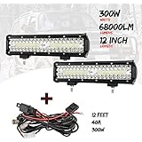 BUNKER INDUST BUNKER INDUST 12 Inch Led Light Pods, 2Pcs 300W Off Road Driving LED Light Bar with 12Ft Wiring Harness Kit 68000LM  - Image 1