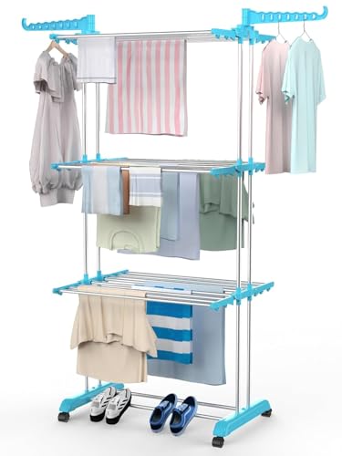 H Houseware Heavy Duty 3 Tier Stainless Steel Cloth Drying Stand with Wheels | Portable Rustproof Laundry Rack | Folding Clothes Dryer for Home, Balcony & Outdoor Use (43.2 x 78.7 x 165 cm, Blue) - Image 1