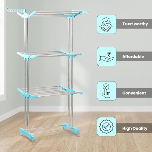 H Houseware Heavy Duty 3 Tier Stainless Steel Cloth Drying Stand with Wheels | Portable Rustproof Laundry Rack | Folding Clothes Dryer for Home, Balcony & Outdoor Use (43.2 x 78.7 x 165 cm, Blue) - Image 4