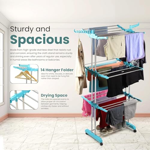 H Houseware Heavy Duty 3 Tier Stainless Steel Cloth Drying Stand with Wheels | Portable Rustproof Laundry Rack | Folding Clothes Dryer for Home, Balcony & Outdoor Use (43.2 x 78.7 x 165 cm, Blue) - Image 2