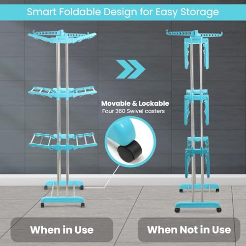 H Houseware Heavy Duty 3 Tier Stainless Steel Cloth Drying Stand with Wheels | Portable Rustproof Laundry Rack | Folding Clothes Dryer for Home, Balcony & Outdoor Use (43.2 x 78.7 x 165 cm, Blue) - Image 5