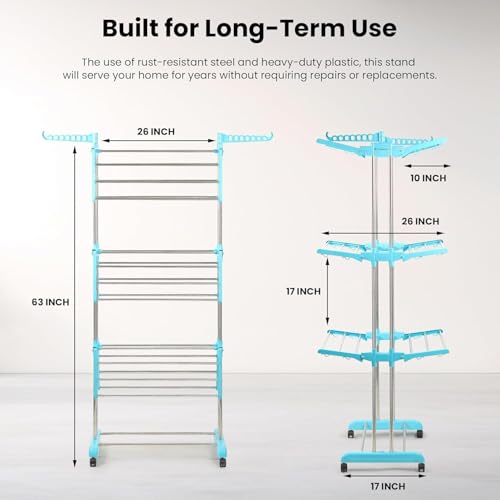 H Houseware Heavy Duty 3 Tier Stainless Steel Cloth Drying Stand with Wheels | Portable Rustproof Laundry Rack | Folding Clothes Dryer for Home, Balcony & Outdoor Use (43.2 x 78.7 x 165 cm, Blue) - Image 3