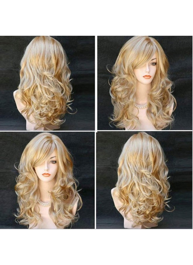 BERON Women'S Long Curly 2 Tones Golden Blonde Wig Heat Resistant Big Wavy Synthetic Wig For Women Wig Cap Include  - Image 4